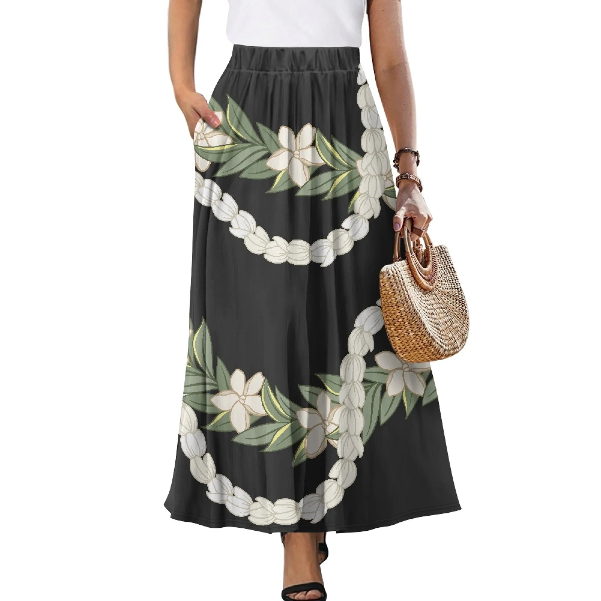 Customized Women's Midi Length High Waist Silk Satin Skirt Floral Cheetah Print Breathable Elasticized Hawaiian Style for Casual