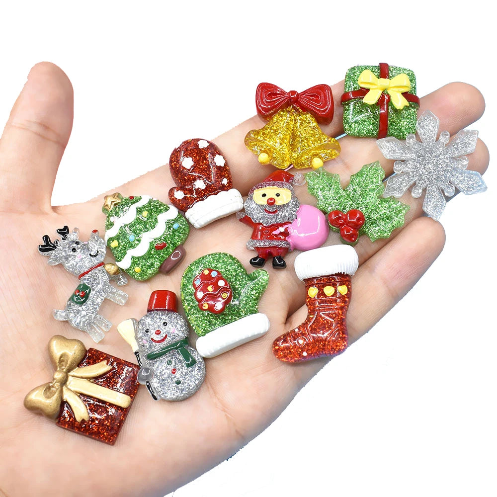 New Arrival Glitter Christmas Holiday Decoration Flatback Charms Resin Christmas  Ornaments for DIY Hair Accessories