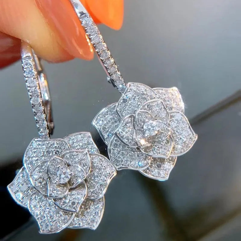 Wholesale Fancy Small Rose Earrings Hoop Woman Ladies Designs for Party Girls with Diamond Zircon Flowers Earrings