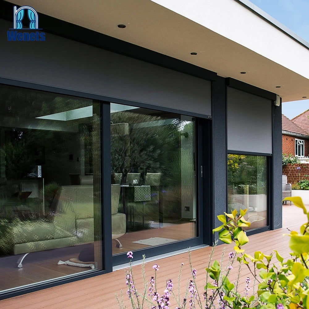 Dual Roller Blinds Motorized Outdoor Blind Windproof Zipper Track Roller Blind for Patio with Sensor