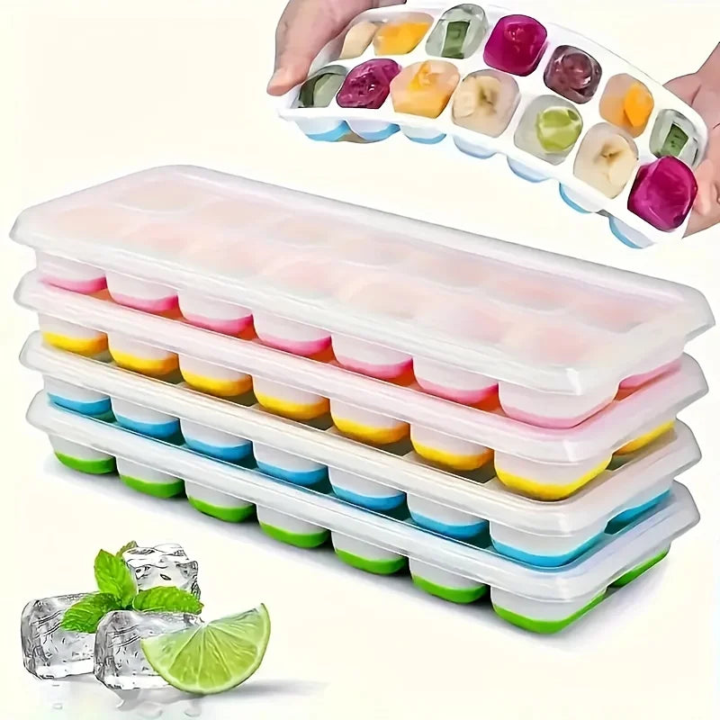 BPA Free Stackable Silicone Ice Cube Trays with Spill-Resistant Removable Lids Easy-Release Silicone Flexible 14-Ice Cube Trays
