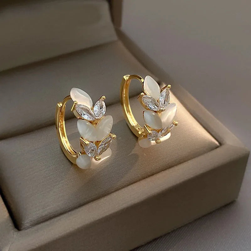 925 Silver Needle Korean Exquisite Rhinestone Flower Opal Stud Earrings Shiny Zircon Diamond Hoop Earring  Luxury Drop Earri