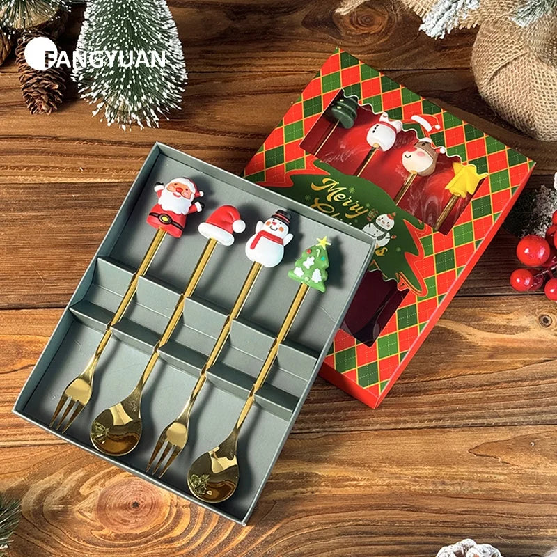 FANGYUAN Popular Christmas Gift Box Stainless Steel 4/6pcs Gold Silverware Golden Tea Spoon Fork Set Cutlery