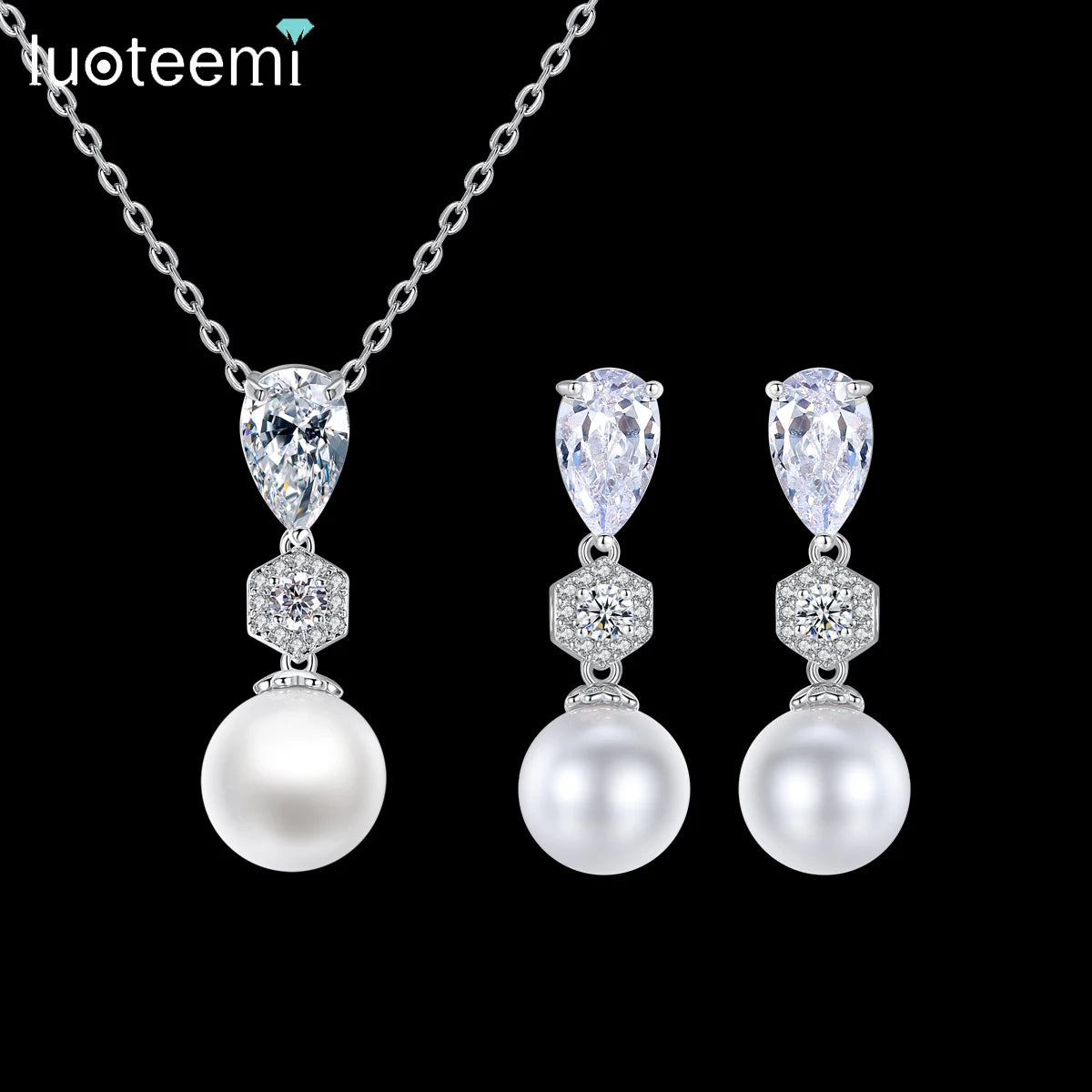 LUOTEEMI Dainty Fashion Drop Earrings Zircon Girl Women Bling Cz Iced Necklace for Party Pearl Set Jewelry