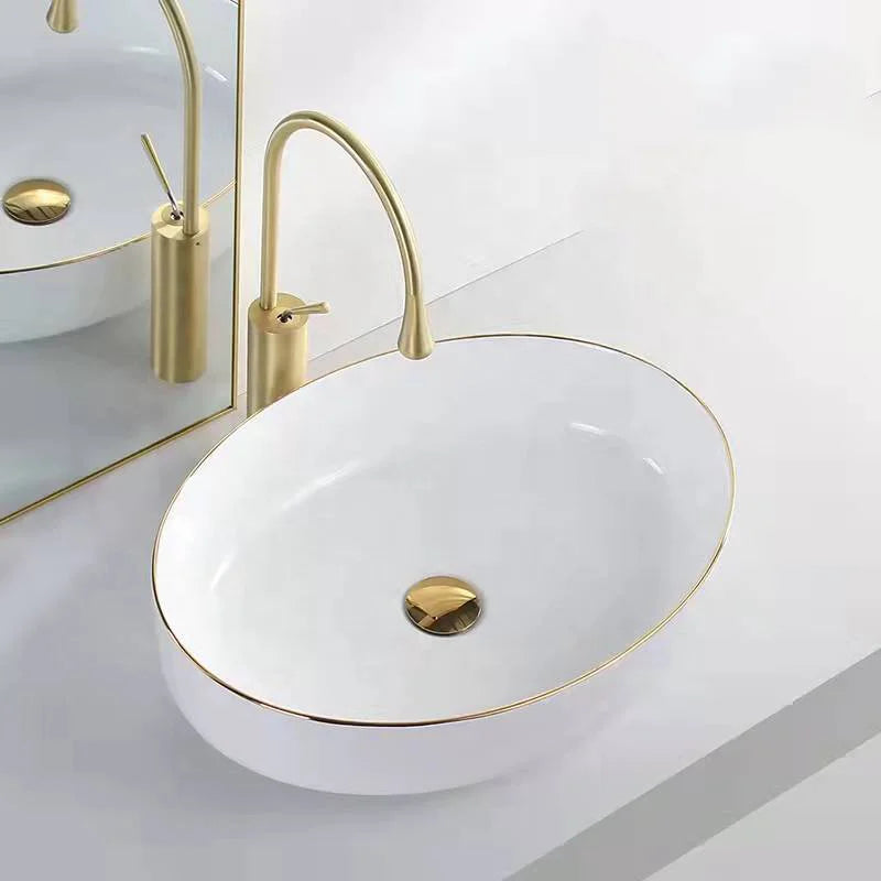 China Wholesale Ceramic Bathroom Vanity Luxury Wash Basin Oval Countertop Gold Washbasin