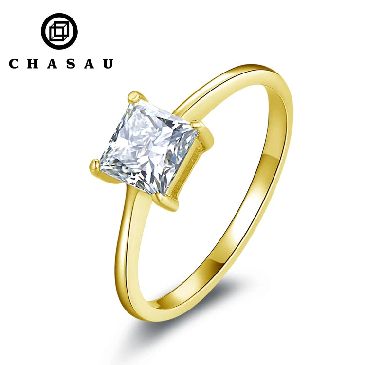Trendy AU417 Simple Wedding Bands 10K Pure Gold Square Moissanite Solitaire Promise Ring for Women