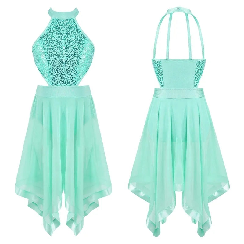 Kids Fashion Sleeveless Sequins Decor Hollow Back and Waist Veil Party Ballroom Dance Dress for Girl