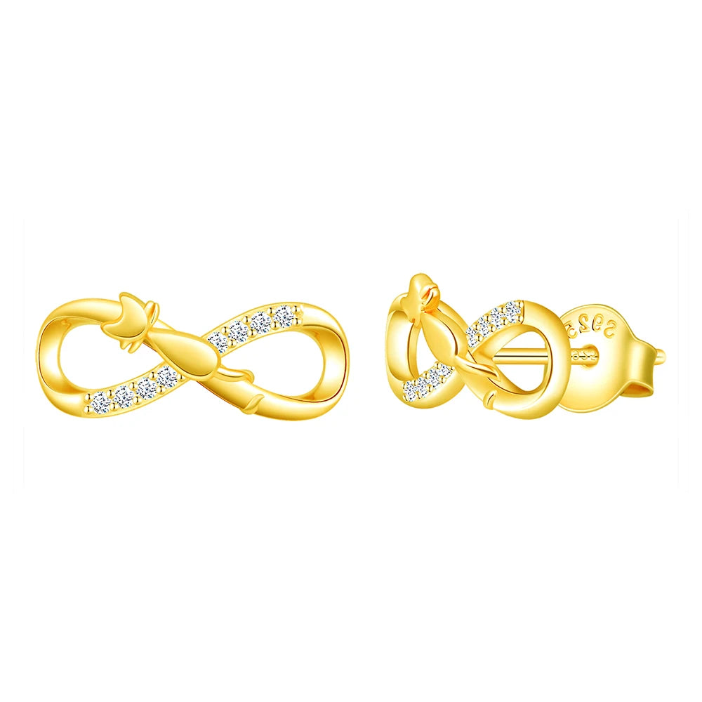 S925 Silver Zirconia Cat Infinity Symbol Sterling Silver Stud Earrings Elegant Gold Earring