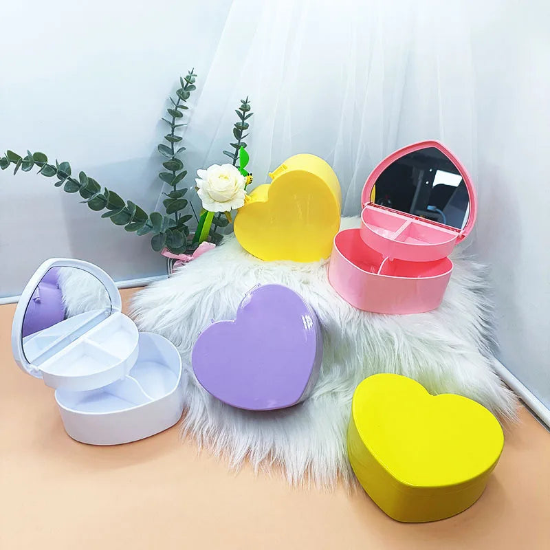 Hot Sale Jewelry Case Handmade Double Layer Solid Color Heart-Shape Children's Plastic Jewelry Box with Mirror