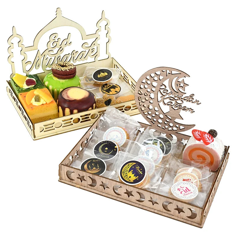 20cm Ramadan Kareem Table Decorations Wooden Food Tray Star Moon Eid Mubarak Wood Food Plates Muslim Party Decor
