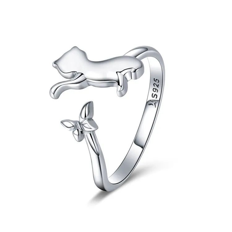 Cute 925 Sterling Silver Butterfly Tail Cat Adjustable Finger Rings Women