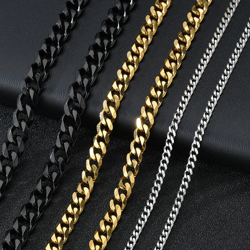 Hot-sale Curb Cuban Link Chain Chokers Basic Punk Stainless Steel Necklace for Men Women Vintage Black Gold Tone Solid Metal