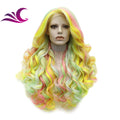 Celebrity Multi-color pink Green Yellow Mix Fiber Cosplay Drag Queen Theatre Synthetic Hair Lace Front Wig