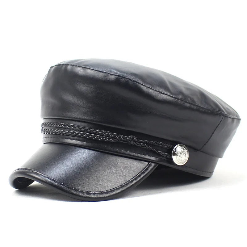Women Yacht Captain Sailor Hat Black PU Newsboy Cabbie Baker Boy Beret Cap