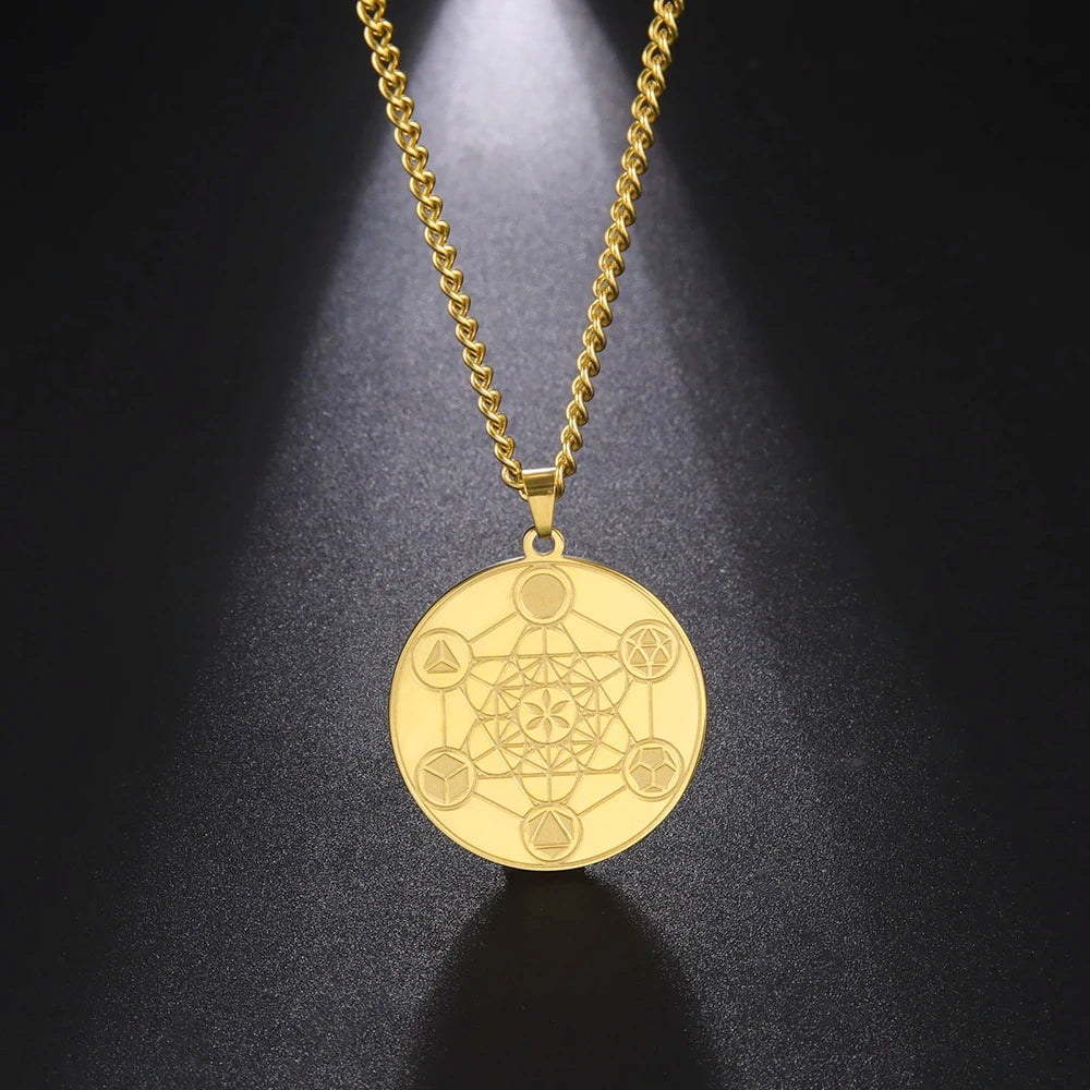 Metatron Cube Coin Pendant Necklace Kabbalah King Solomon Seal Amulet Sacred Geometry Stainless Steel Jewelry