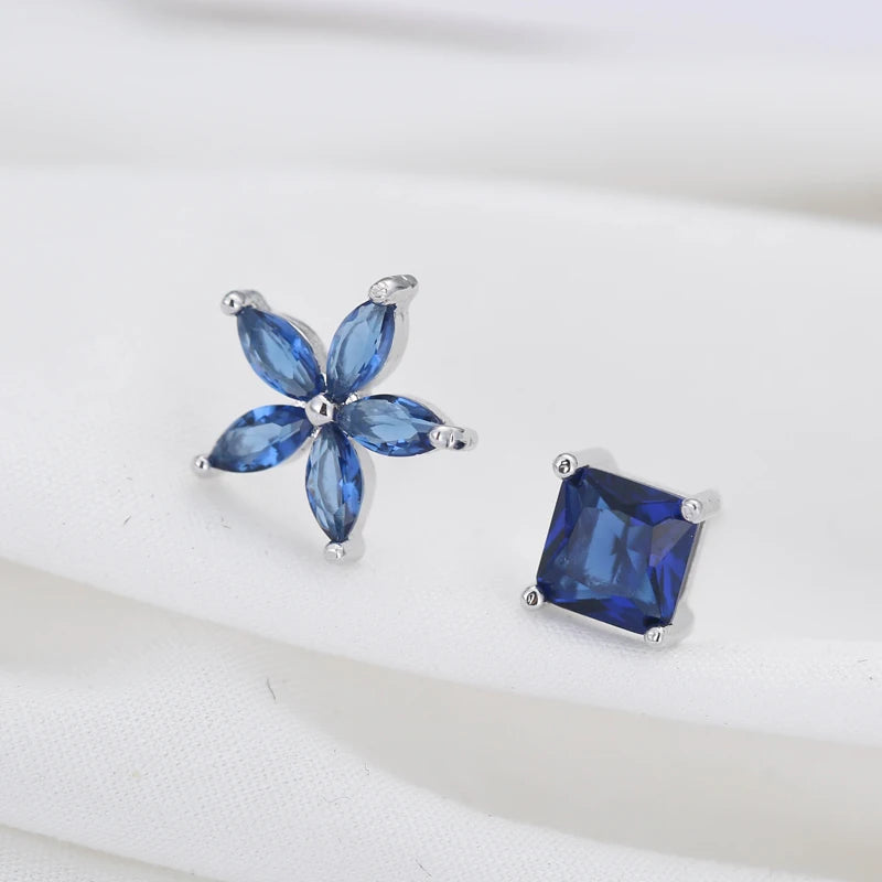 REETI 925 Sterling Silver Stud Earring Cubic Zirconia Flowers Asymmetry  Personality Fashion Jewelry