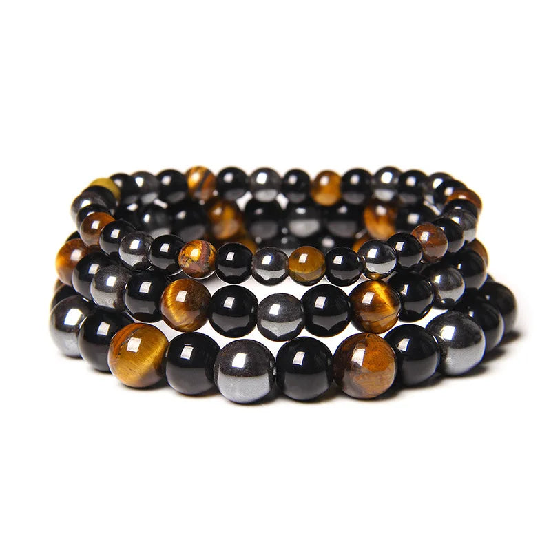 Triple Protection Bracelet Tiger Eye Obsidian Hematite Triple Bracelet Bring Protect Good Luck and Prosperity for Men Women