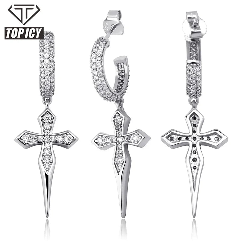 Luxury Iced Out 925 Sterling Silver Rapper Cross Earrings for Men Wholesale CZ Hip Pop Jewelry for Wedding Party Gifts