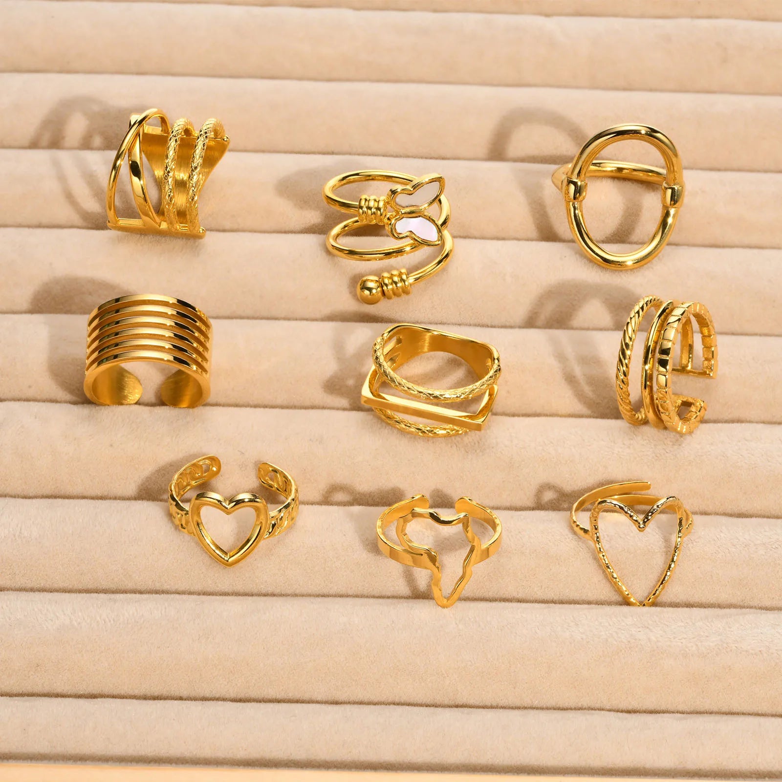 Women Hollow Fashion Jewelry Butterfly Ring 18k Gold Plated 316L Stainless Steel Hypoallergenic Heart Ring