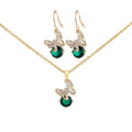 Fashion Gold Plated Brass Jewelry Set for Women Emerald Zircon Pendant Butterfly Necklace and Earrings for Party and Gift