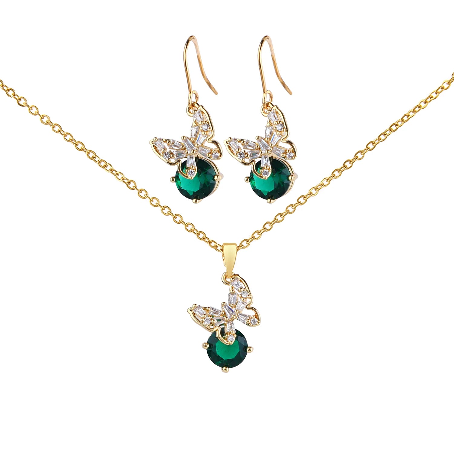 Fashion Gold Plated Brass Jewelry Set for Women Emerald Zircon Pendant Butterfly Necklace and Earrings for Party and Gift