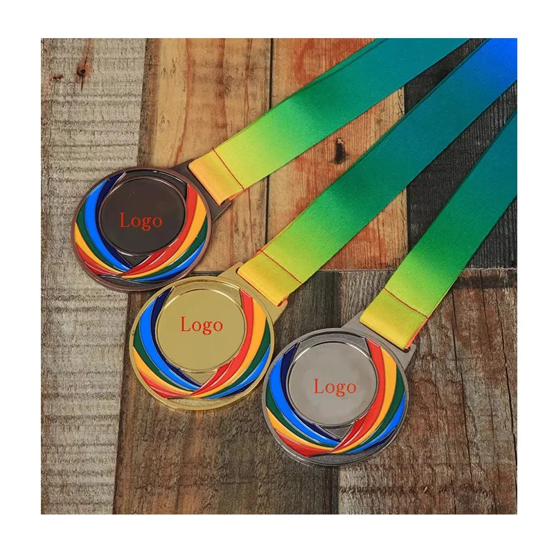 Manufacturer rainbow Ribbon Blank Plated Die Cast Metal Award Swimming Diving High Jump Competition Wrestling Medal Souvenirs