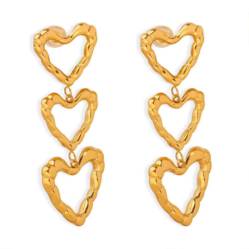 New Fashion Stainless Steel Three Heart Hollow Drop 18k PVD Gold Plated Shape Earrings for Women Waterproof Tarnish Free