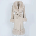 OFTBUY 2023 Real Fur Coat Winter Jacket Women Natural Fox Fur Collar Cuffs Cashmere Wool Blends X-Long Outerwear Belt Streetwear
