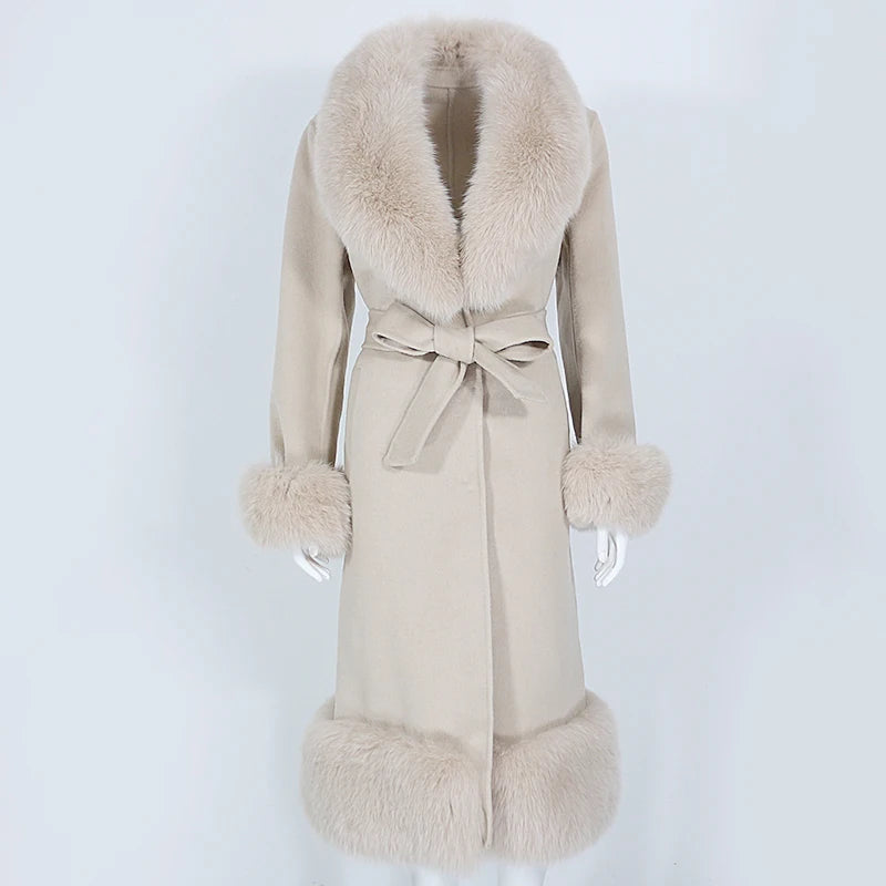 OFTBUY 2023 Real Fur Coat Winter Jacket Women Natural Fox Fur Collar Cuffs Cashmere Wool Blends X-Long Outerwear Belt Streetwear