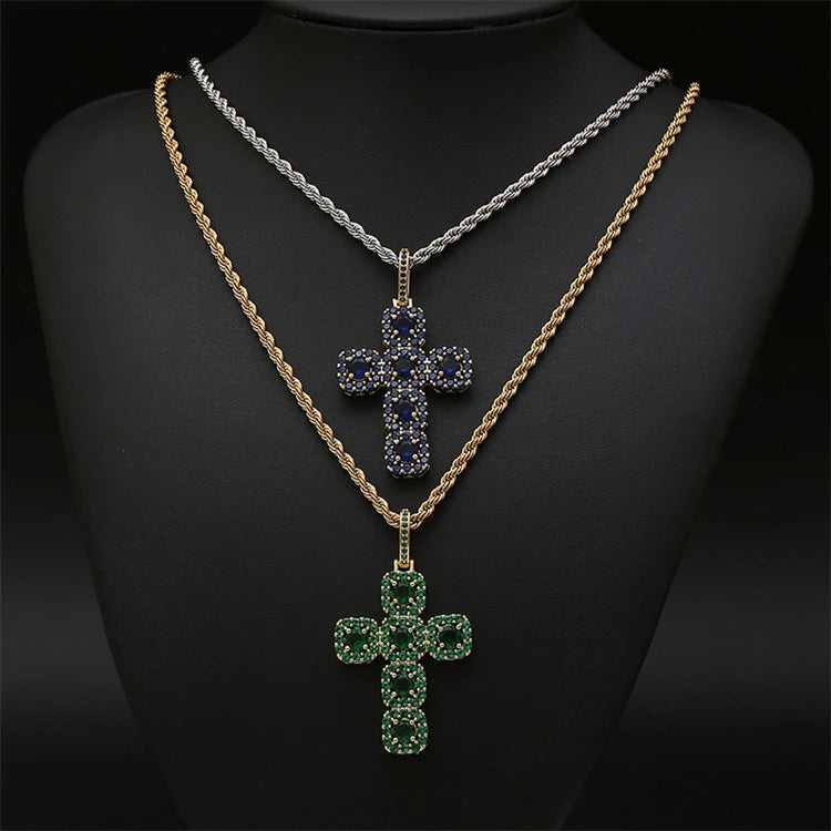 Top Quality Colored Gemstone Pendant 3A Cubic Zirconia Micro Inlaid Cross Pendant Necklace Classic Jewelry.