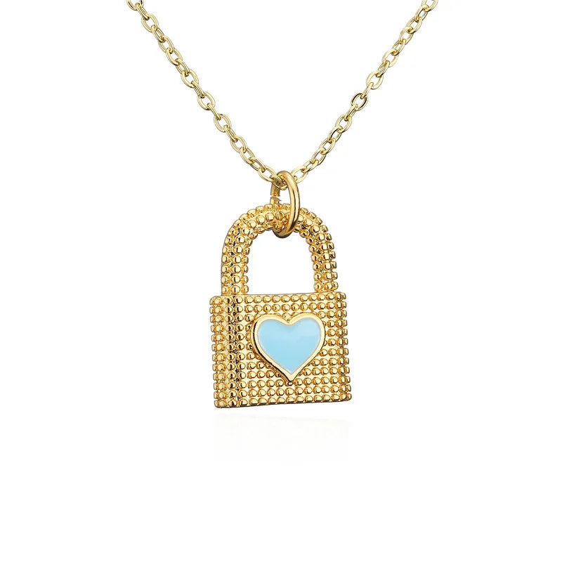 Fashion Drip Oil Love Lock Charm Pendant Women's 18K Gold Plated Heart Necklace Pendant