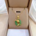 Ins Lucky Gold Plated Stainless Steel Link Chain Jadeite Round Necklace Green Jade Flower Choker Necklace for Women