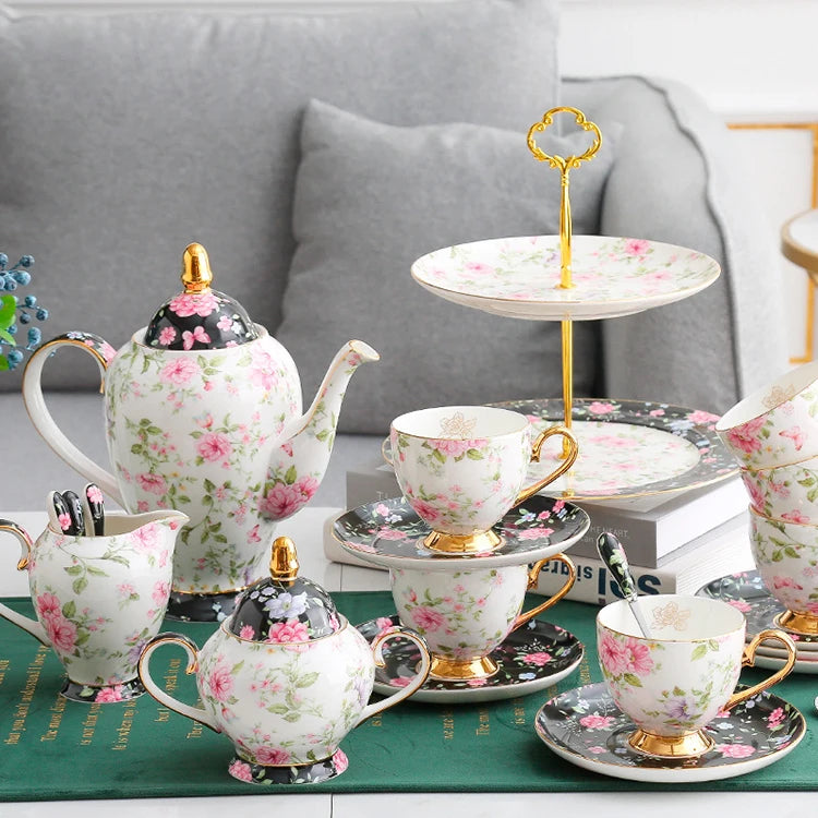 European Style Gold Edge Bone China Tea Set One Teapot 6 Cups and Tray Elegant Eco-Friendly Bowknot Design Coffee Mug Set