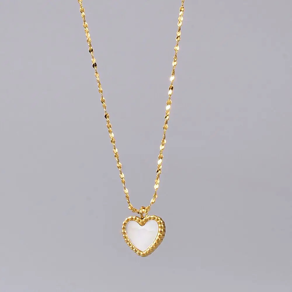 Women's Trendy 18K Gold Plated Stainless Steel Jewelry Necklace Link Chain Bracelet Heart Mother Pearl Shell Heart Charm Pendant