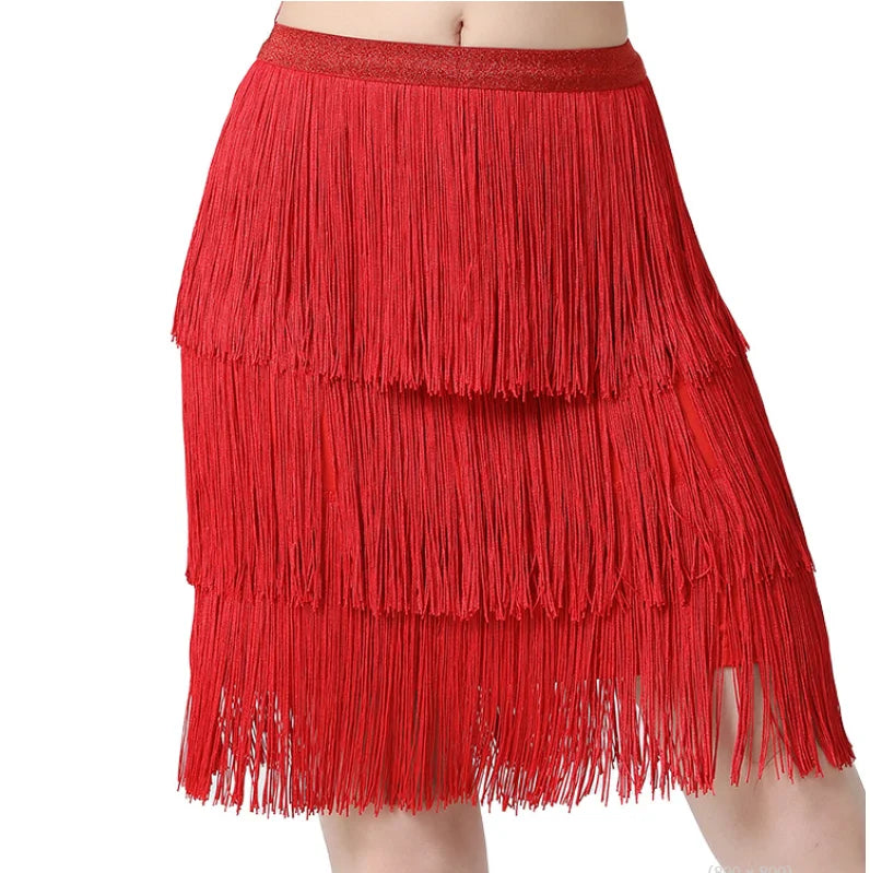 Wholesale Elastic 3-layer Tassel Fringe Latin Dance Performance Practice Knee-length Skirt for Women Dancewear