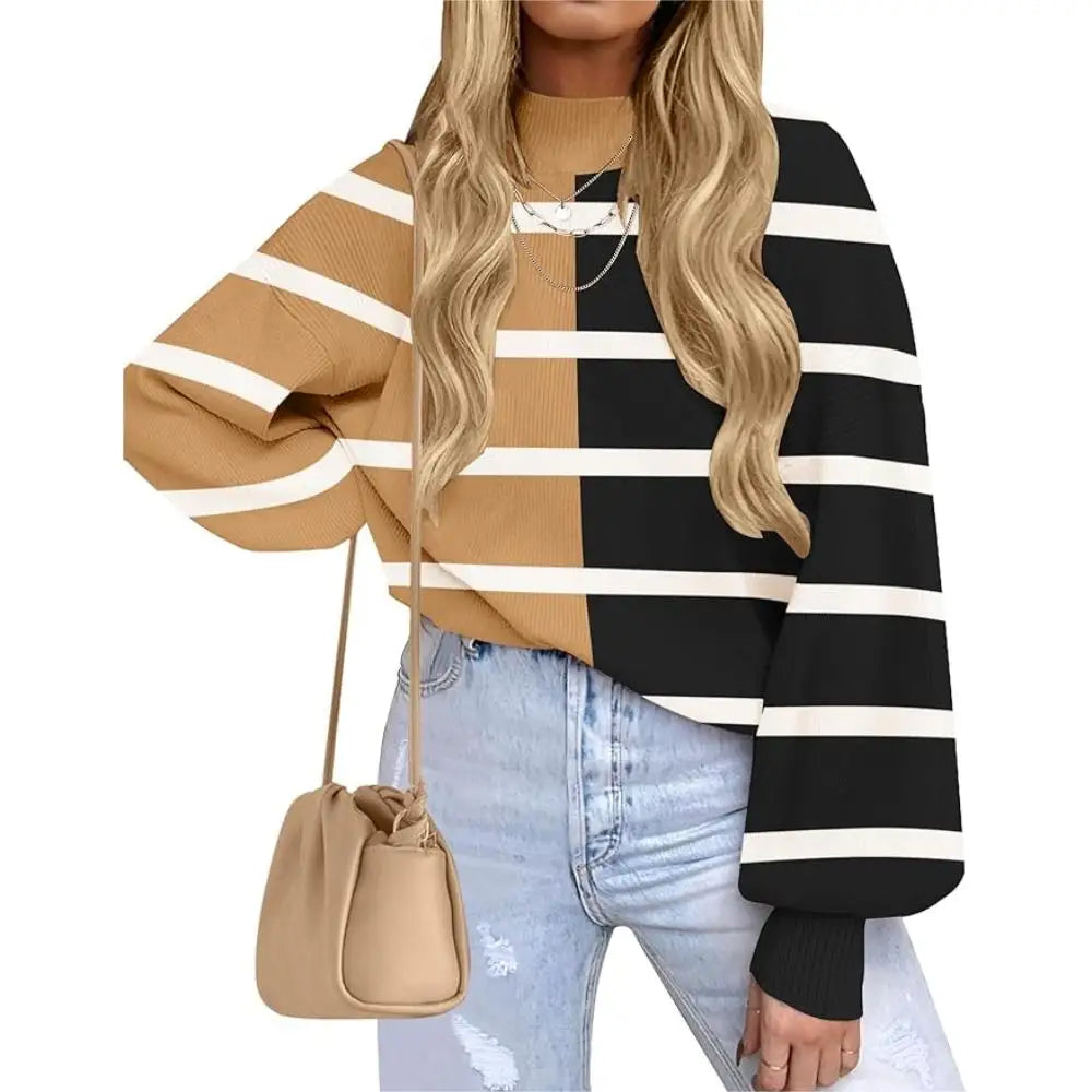 Women's 2023 Fall Fashion Turtleneck Long Sleeve Striped Ribbed Knit Loose Pullover Sweater Tops