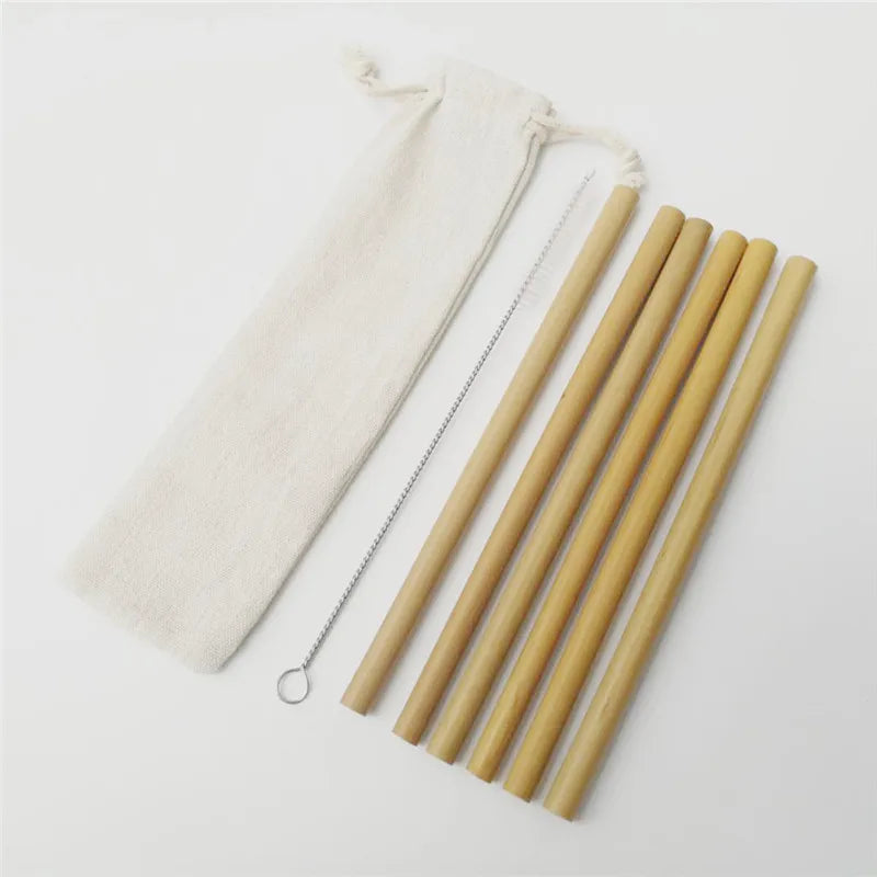 Eco Natural Bamboo Straws Wholesale Reusable 6pcs Bamboo Drinking Straw Set With Cleaning Brush and Pouch