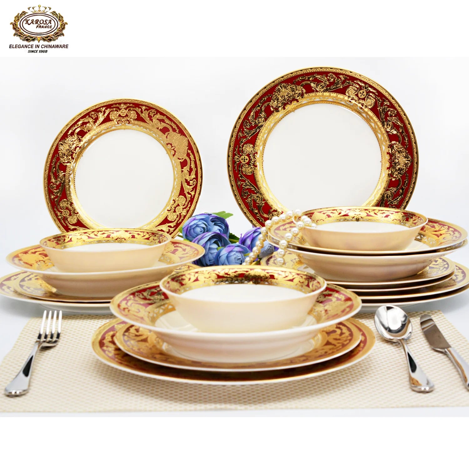 24pcs Royal Gold Charger Plate Luxury Styl Bone China Dinner Set With Bowl for 6 People