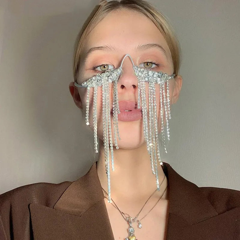 2022 New Design Fashion Full Crystal Frame Long Tassel Glasses Personalized Bling Bling Spectacle Frames for Women