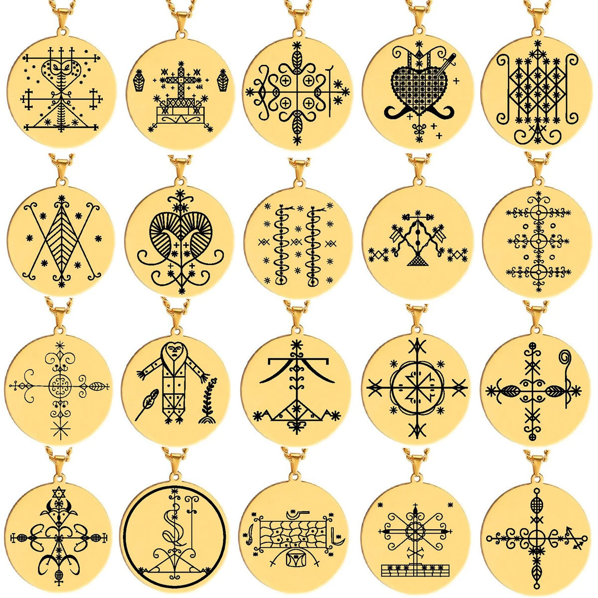HLSS120-139 Gold Color Voodoo Veve Symbols Sigil Charm Jewelry Vodou Lwa Loa Amulet Talisman Stainless Steel Pendant Necklace