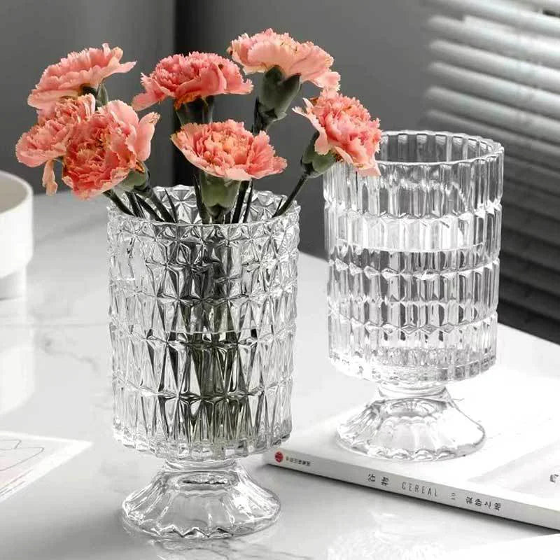 Nordic Home Decoration Living Room Hotel Exhibition Hall Decorations Transparent Embossed High Foot Glass Vase Decorations