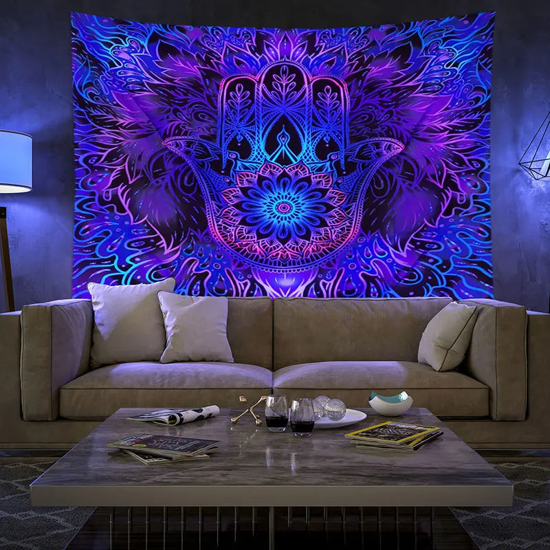 Custom Printed Psychedelic Mandala Night Glowing Woven Cotton/Polyester Tapestry Wall Hanging Machine Washable