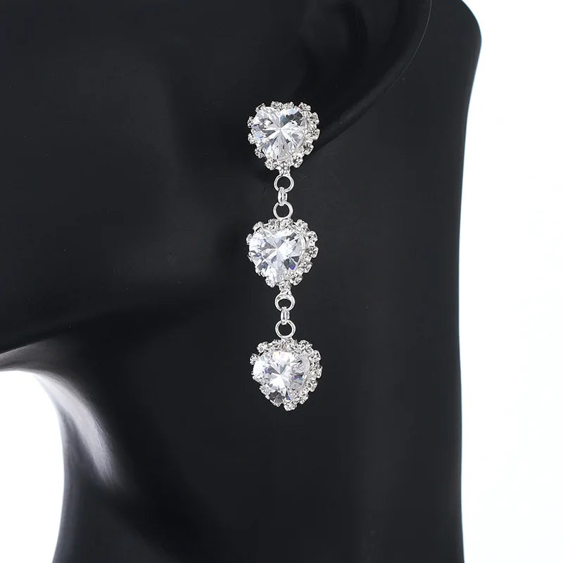 Hot Selling 925 Silver Needle CZ Stud Earrings Fashion Long Peach Heart Rhinestone Earrings Jewelry for Daily