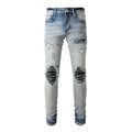 Men's Fitted Slim Fit Distressed Jeans Stretch Stacked Vintage Streetwear Designer Blue Trousers for Men