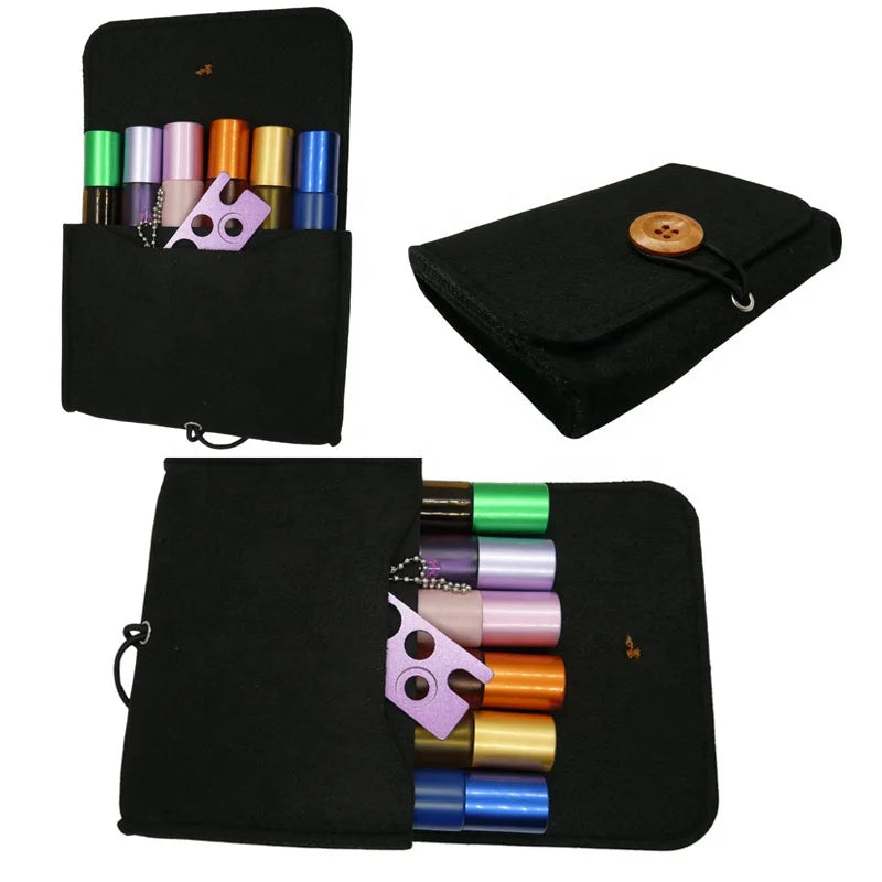 Felt Doterra Pouch With Wooden Buttons Holds 6 Roller Bottles or 4 Vials 15ml Oil Bottles