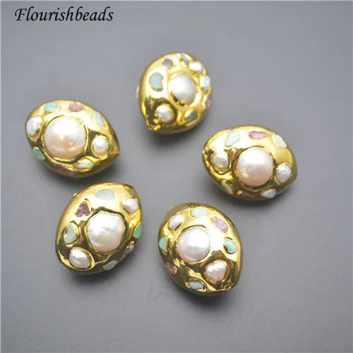 Natural Mix Color Stone Chips Round Pearl Gold Plating Brass Metal Oval Shape Loose Beads for Jewelry Necklace Bracelet Making