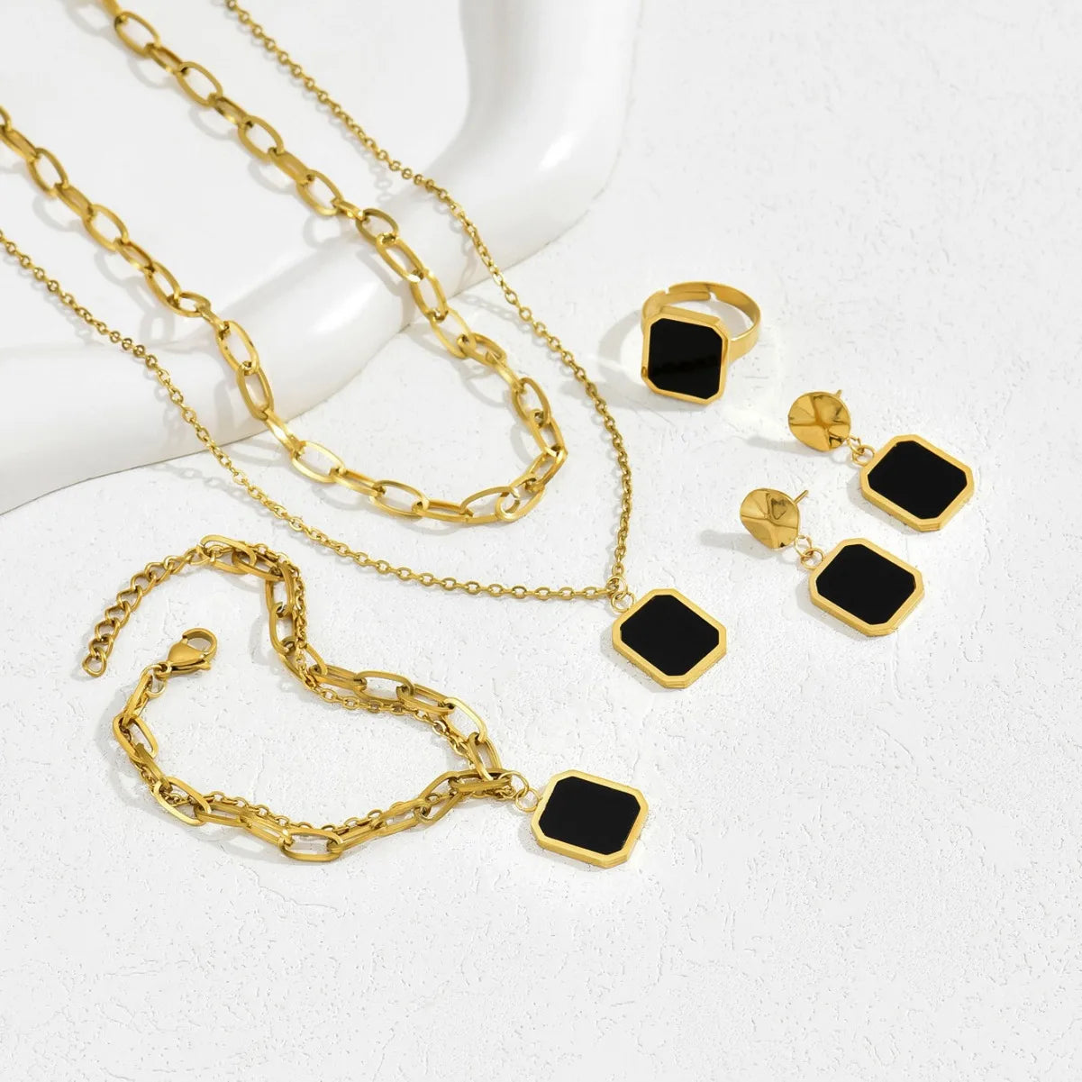 Luxury Double Layer Black square Ring Necklace Earrings Bracelet 4pcs Luxury Jewelry Set for Women