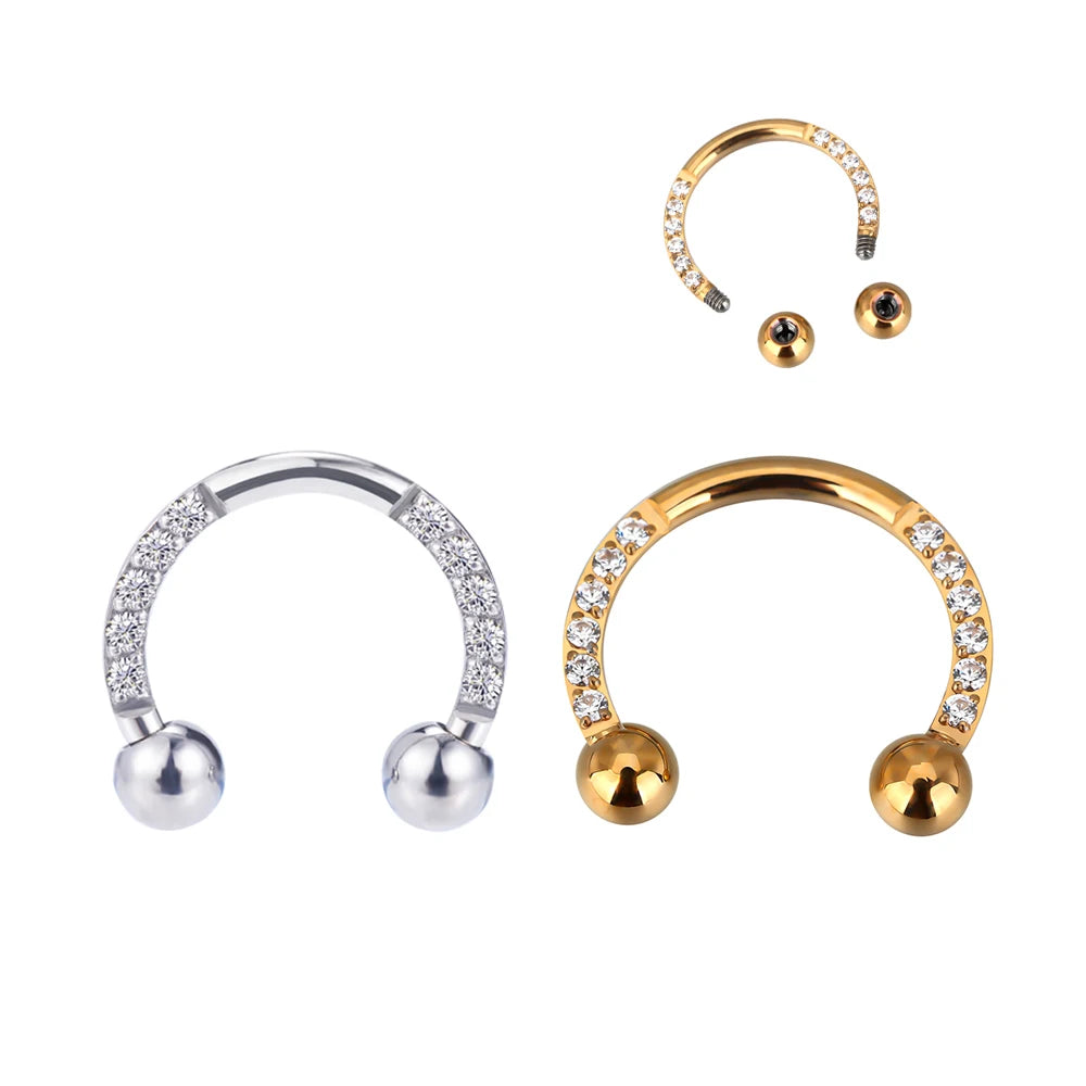Body Piercing Jewelry Eyebrow G23/ASTM F136 Titanium High Polished CZ Paved Face Horseshoe Labret Nose Ring