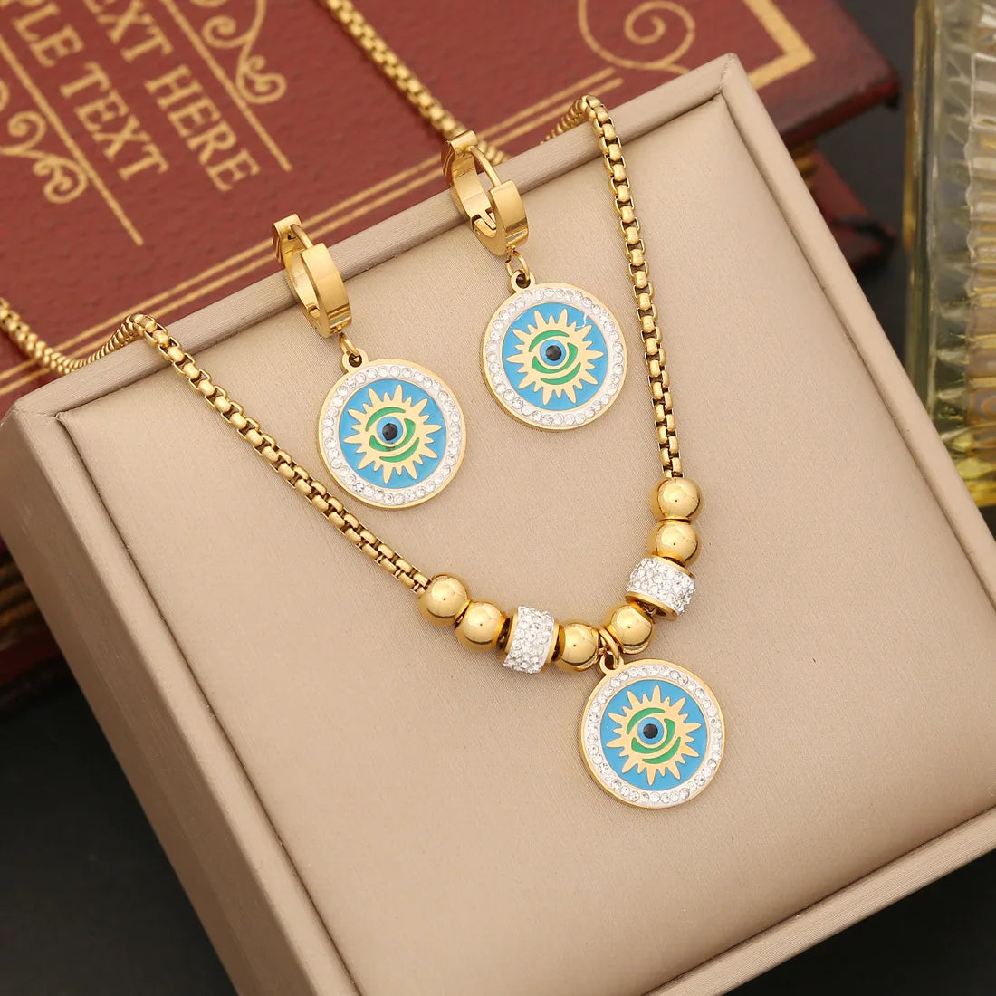 2023 New Luxury 18K Gold Plated Stainless Steel Necklace Bracelet Earrings Devil Eye Jewelry Sets for Women