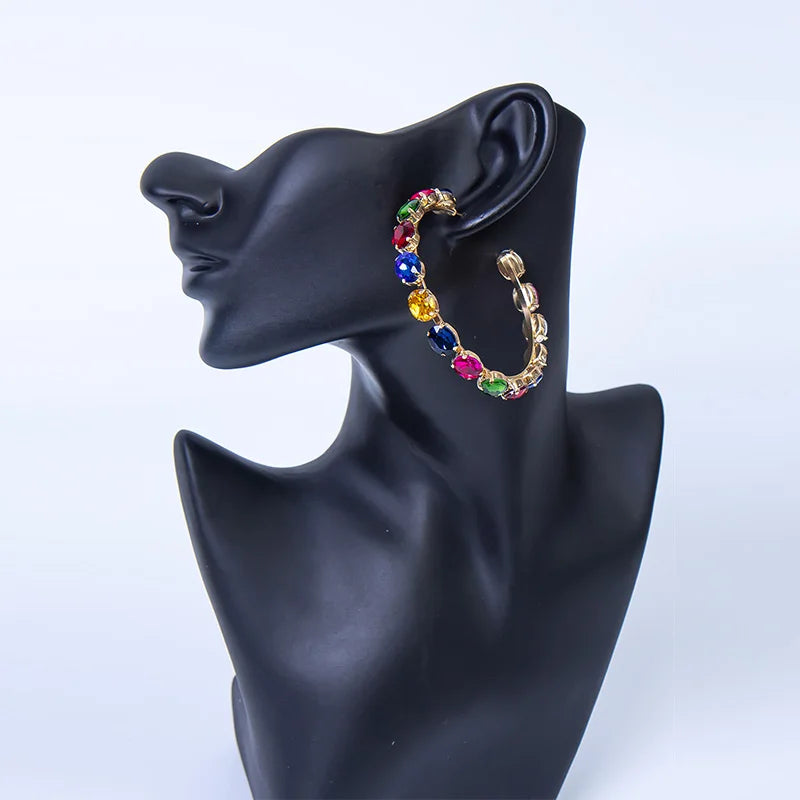 Exaggerated Gold Plated Rhinestone Big Geometric Stud Earrings Colored Glass Crystal Oval Shape Hoop Earrings